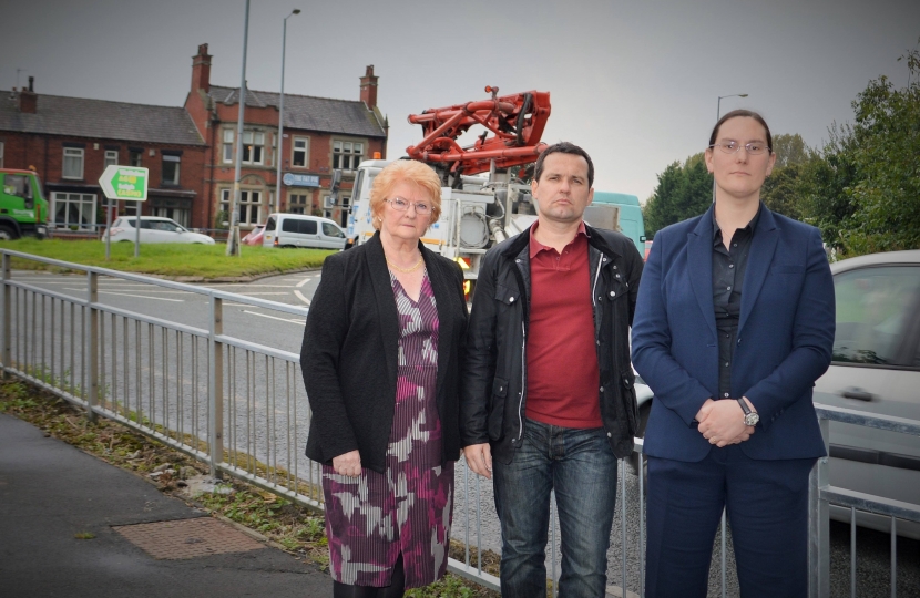 Councillor Christine Wild, Chris Green MP and Councillor Zoe Kirk Robinson at Chequerbent roundabout, Westhoughton