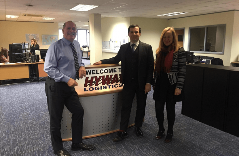 Hyway Logistics: Steve Hyland (Partner; left), Chris Green MP (centre), Jasmin Hyland (Partner; right)