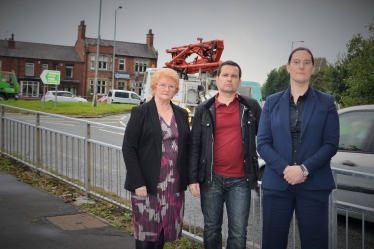 Councillor Christine Wild, Chris Green MP and Councillor Zoe Kirk Robinson at Chequerbent roundabout, Westhoughton